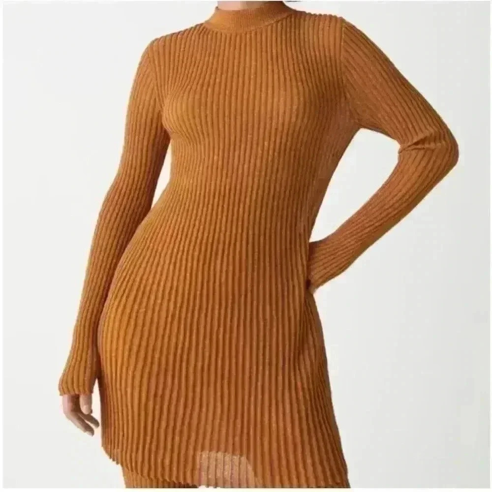 & Other Stories Stockholm Atelier Metallic Ribbed Mock Neck Mini Dress Orange S